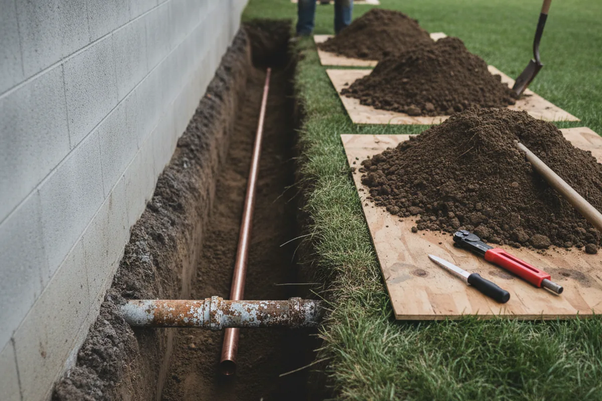 Excavated water line trench during Water Softener Installation in Gunpowder
